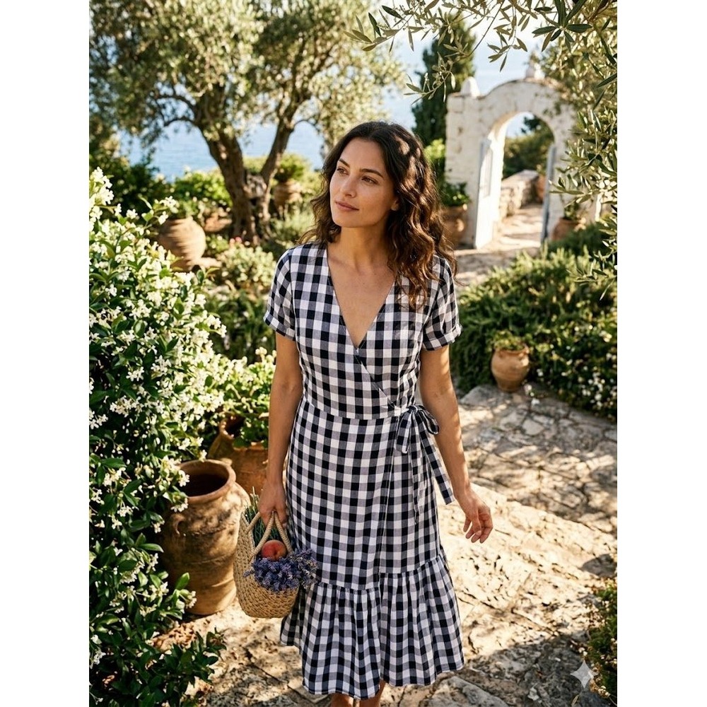 GAP French Girl Gingham Wrap Dress XS Navy White Cottagecore Picnic Chic Midi